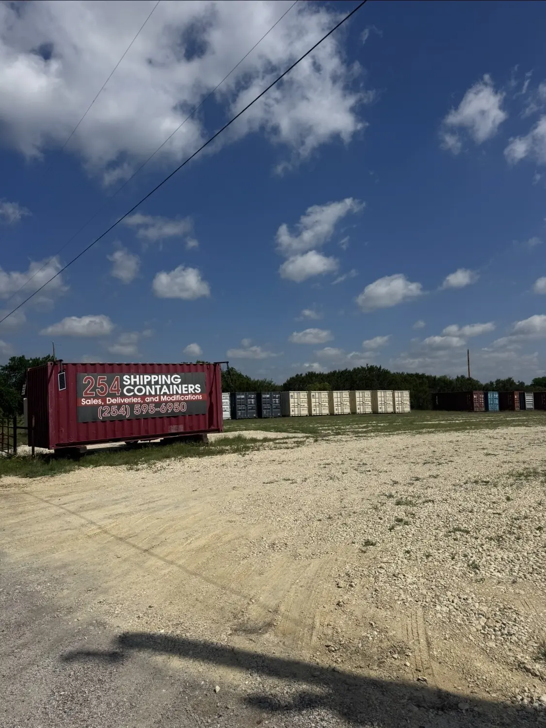 Highway 281 view of the 254 Shipping Containers yard in Hico, Texas